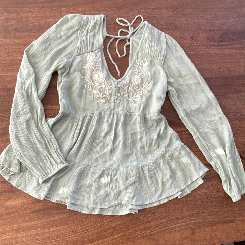 Embroidered Long-Sleeve Peplum Top